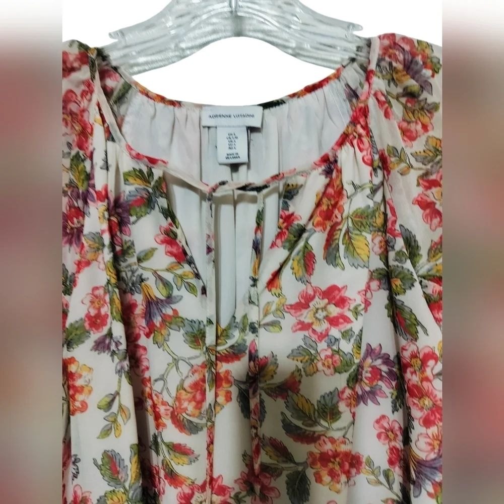 2884) Adrienne Vittadini Floral Ruffle Lined Tie Front Peasant Blouse Size Large - Picture 3 of 11